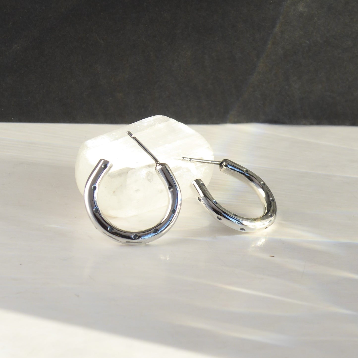 925 Silver Chunky hoop earrings Polka-dot stamped pattern. Solid sterling silver earrings.