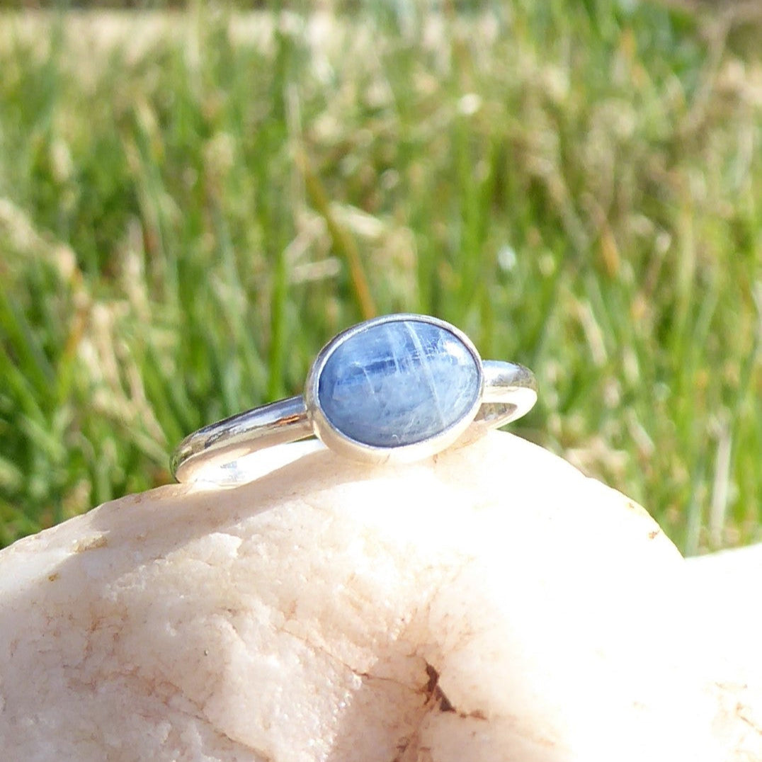 Kyanite stone set in Sterling Silver. Handmade silver ring.